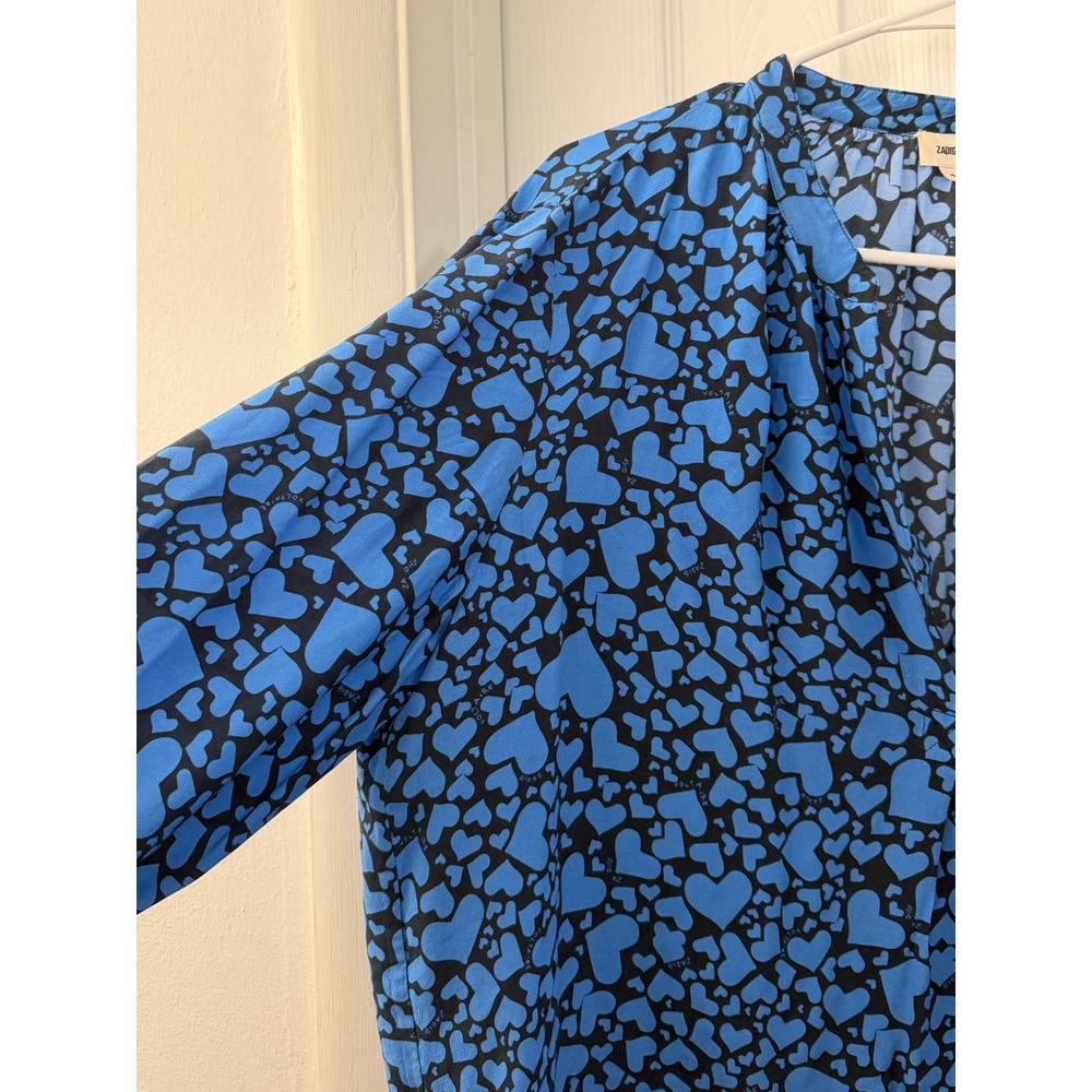Zadig & Voltaire Blue Heart Print V-Neck Long Sleeve Blouse Top Women Medium - Picture 3 of 5
